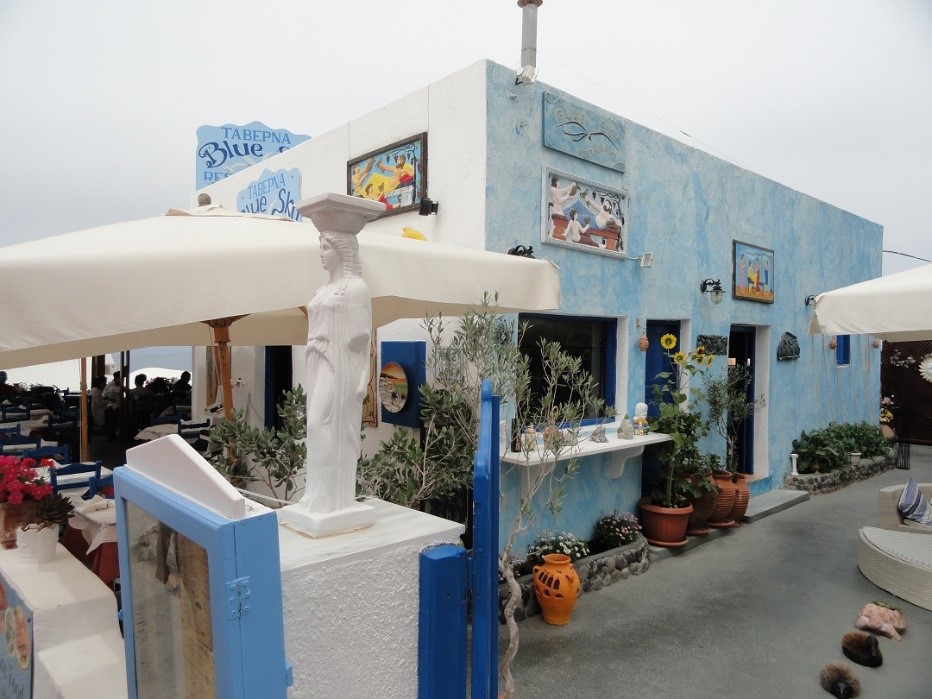 The Blue Sky Taverna in Oia, Santorini, Greece