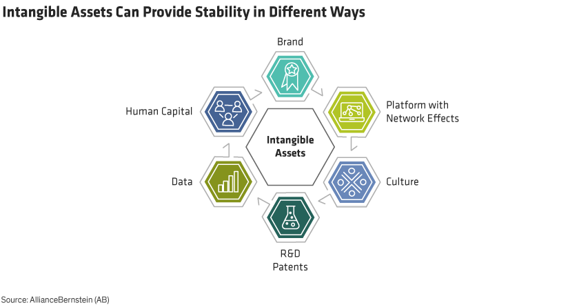 A large hexagon is surrounded by six loosely connected smaller hexagons, each labelled for a type of intangible asset.