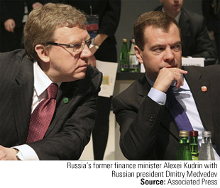 Russia's former finance minister Alexei Kudrin with Russian president Dmitry Medvedev